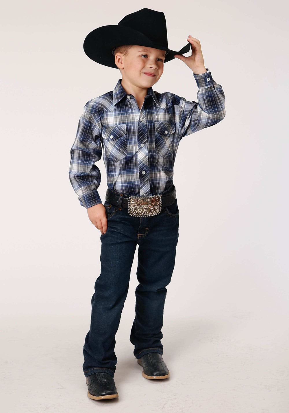 Roper Boys Long Sleeve Snap Navy Royal And White Plaid Western Shirt - Roper - Flyclothing LLC