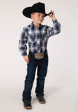 Roper Boys Long Sleeve Snap Navy Royal And White Plaid Western Shirt - Roper