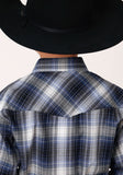 Roper Boys Long Sleeve Snap Navy Royal And White Plaid Western Shirt - Roper