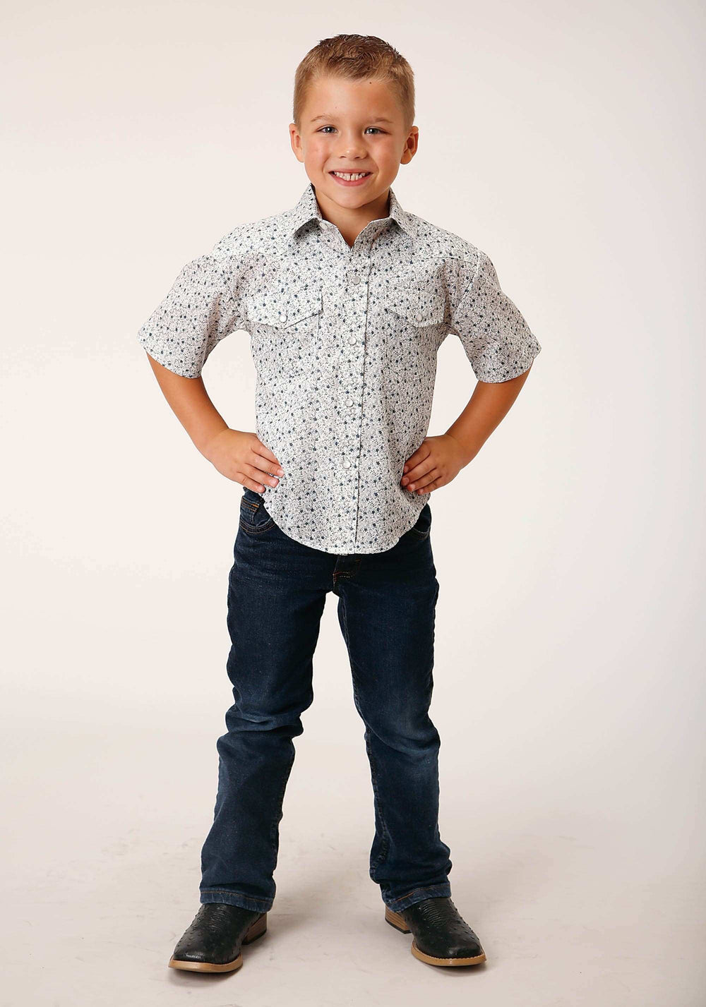Roper Boys Short Sleeve Snap Multi Blue Mini Floral Print Western Shirt - Roper - Flyclothing LLC
