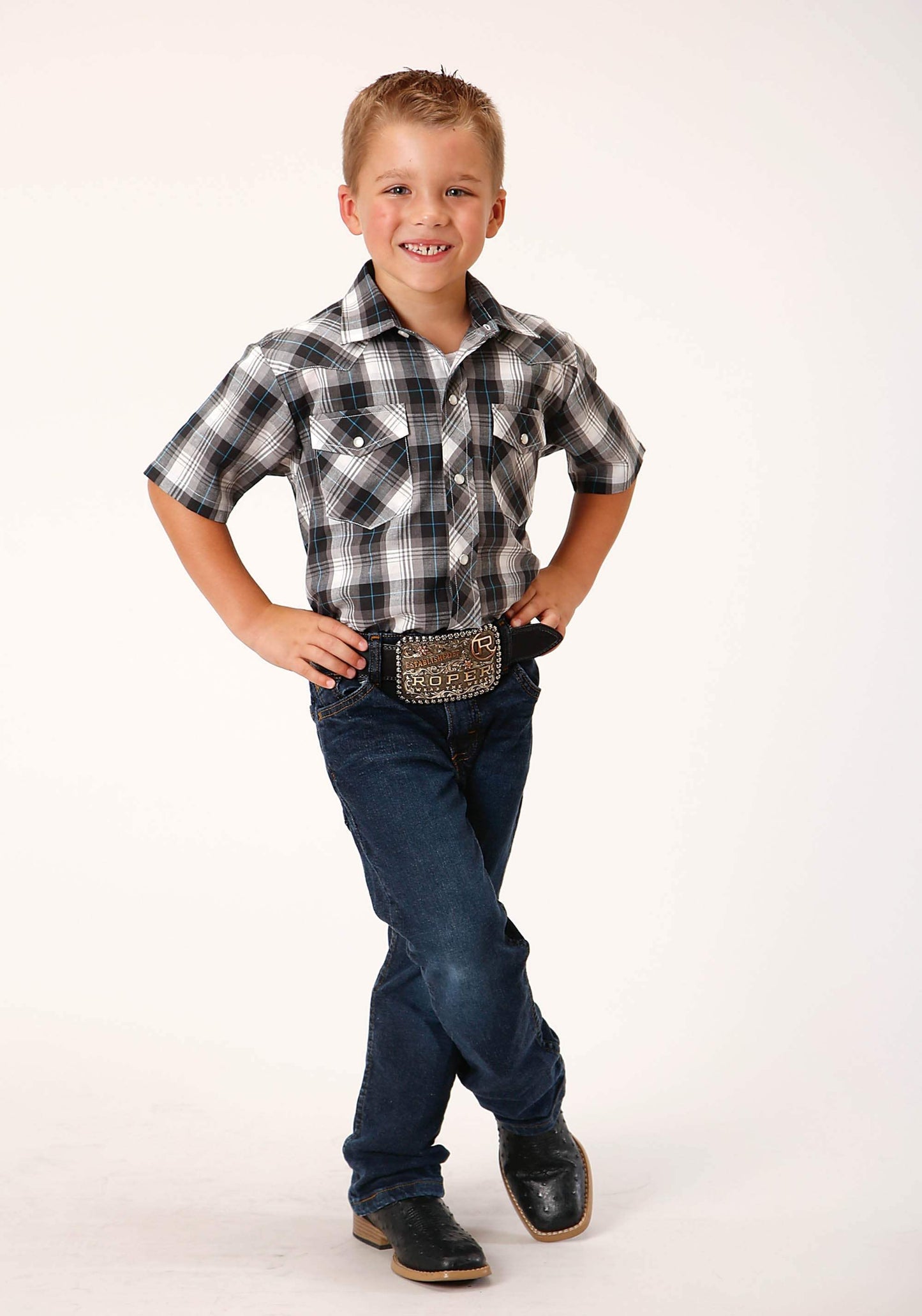 Roper Boys Short Sleeve Snap White Black Grey Plaid Western Shirt - Roper - Flyclothing LLC