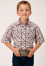 Roper Boys Short Sleeve Snap Navy Gold Rust Windowpaind Plaid Western Shirt - Roper - Flyclothing LLC