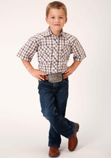 Roper Boys Short Sleeve Snap Navy Gold Rust Windowpaind Plaid Western Shirt - Roper - Flyclothing LLC