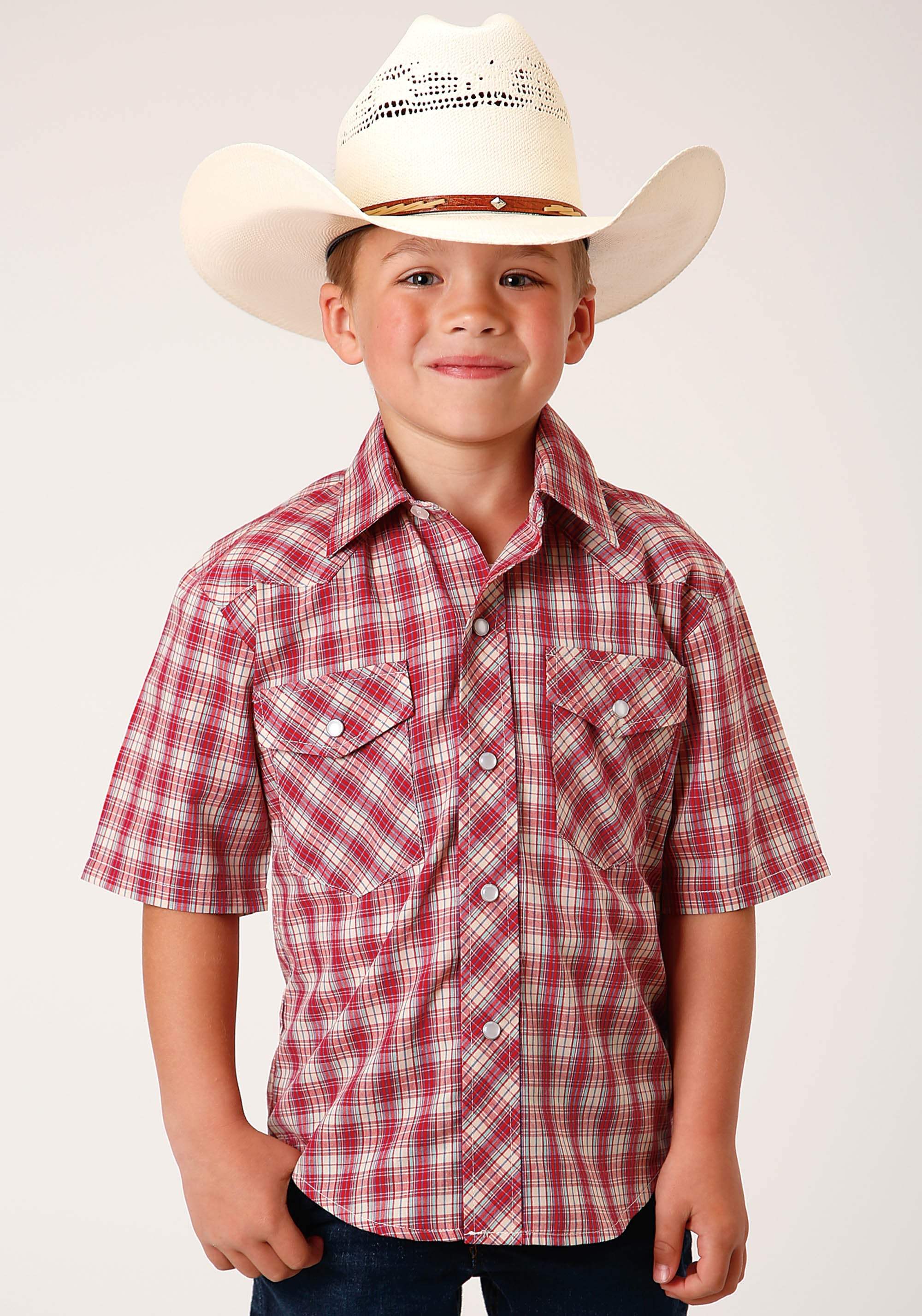 Roper Boys Short Sleeve Snap Red And Multi Colored Small Scale Western Shirt - Roper - Flyclothing LLC