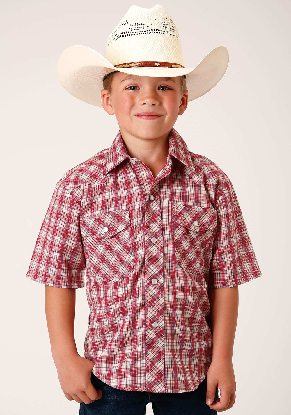 Roper Boys Short Sleeve Snap Red And Multi Colored Small Scale Western Shirt - Roper - Flyclothing LLC