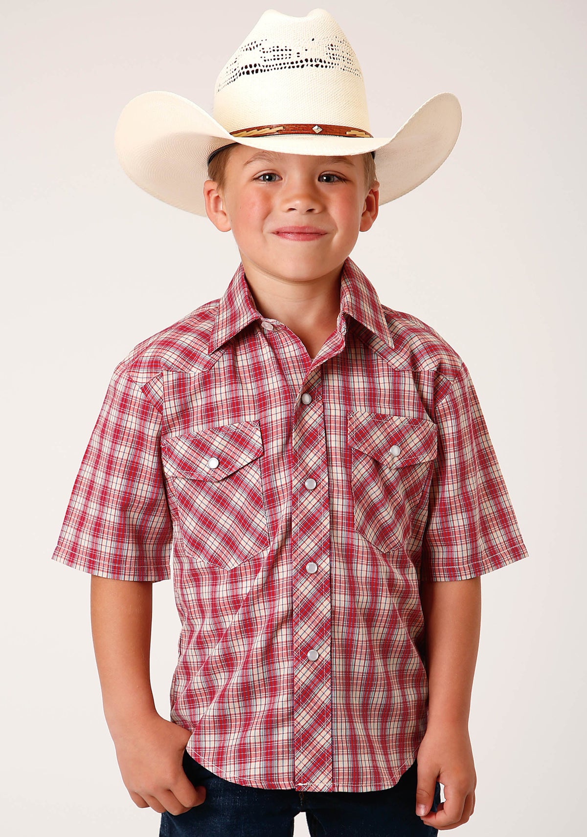 Roper Boys Short Sleeve Snap Red And Multi Colored Small Scale Western Shirt