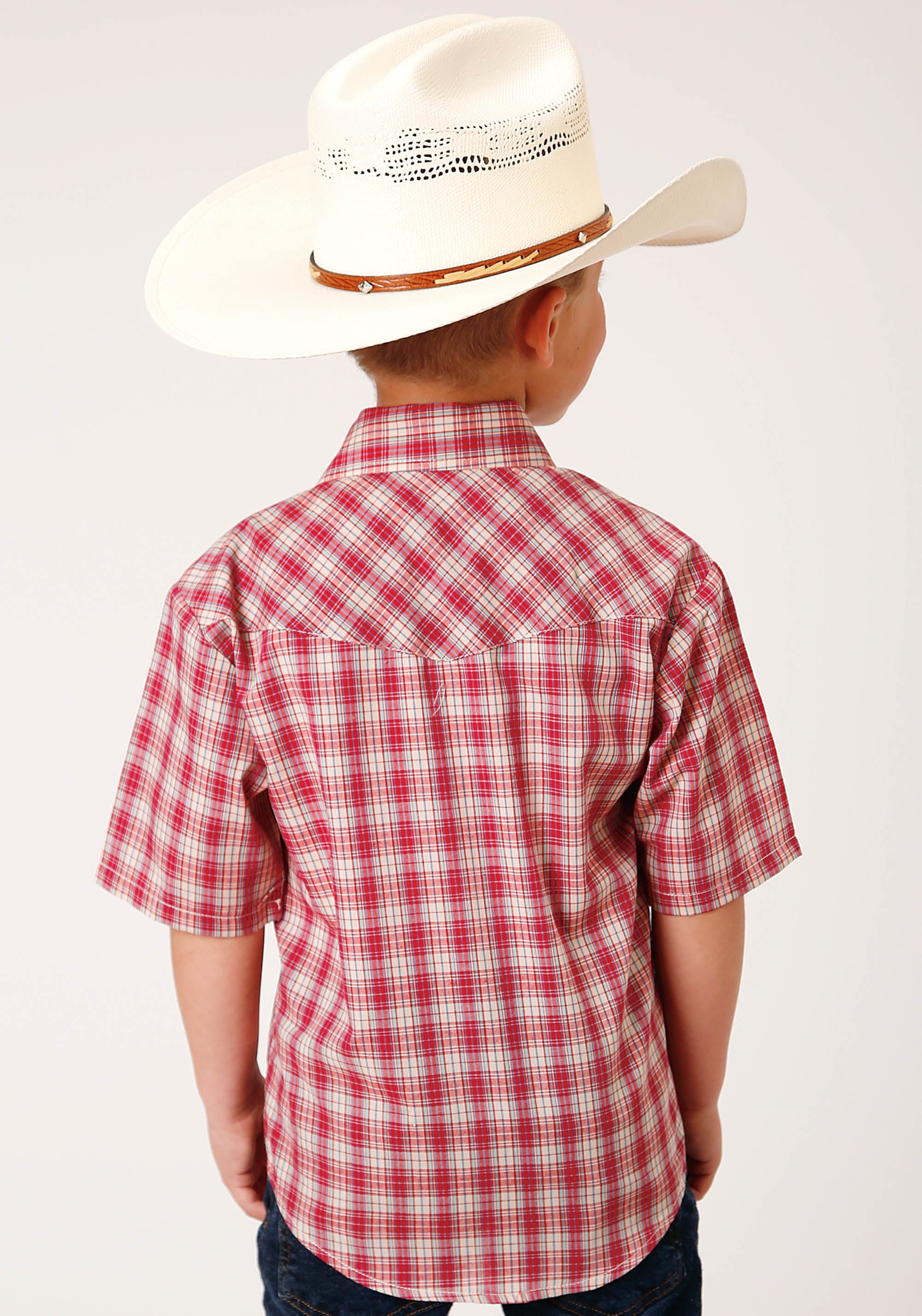 Roper Boys Short Sleeve Snap Red And Multi Colored Small Scale Western Shirt