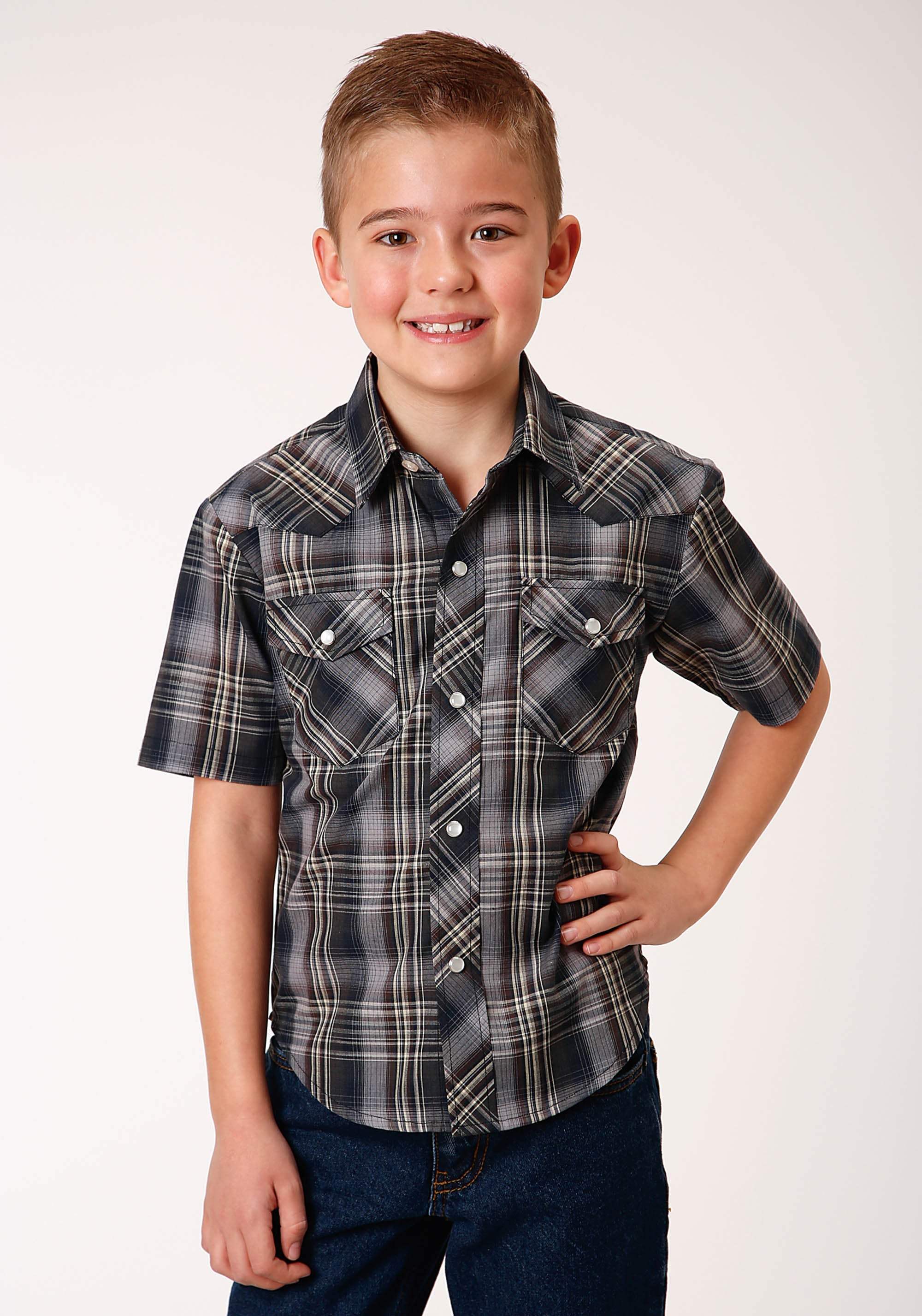Roper Boys Short Sleeve Snap Navy Brown And Cream Plaid Western Shirt - Roper - Flyclothing LLC