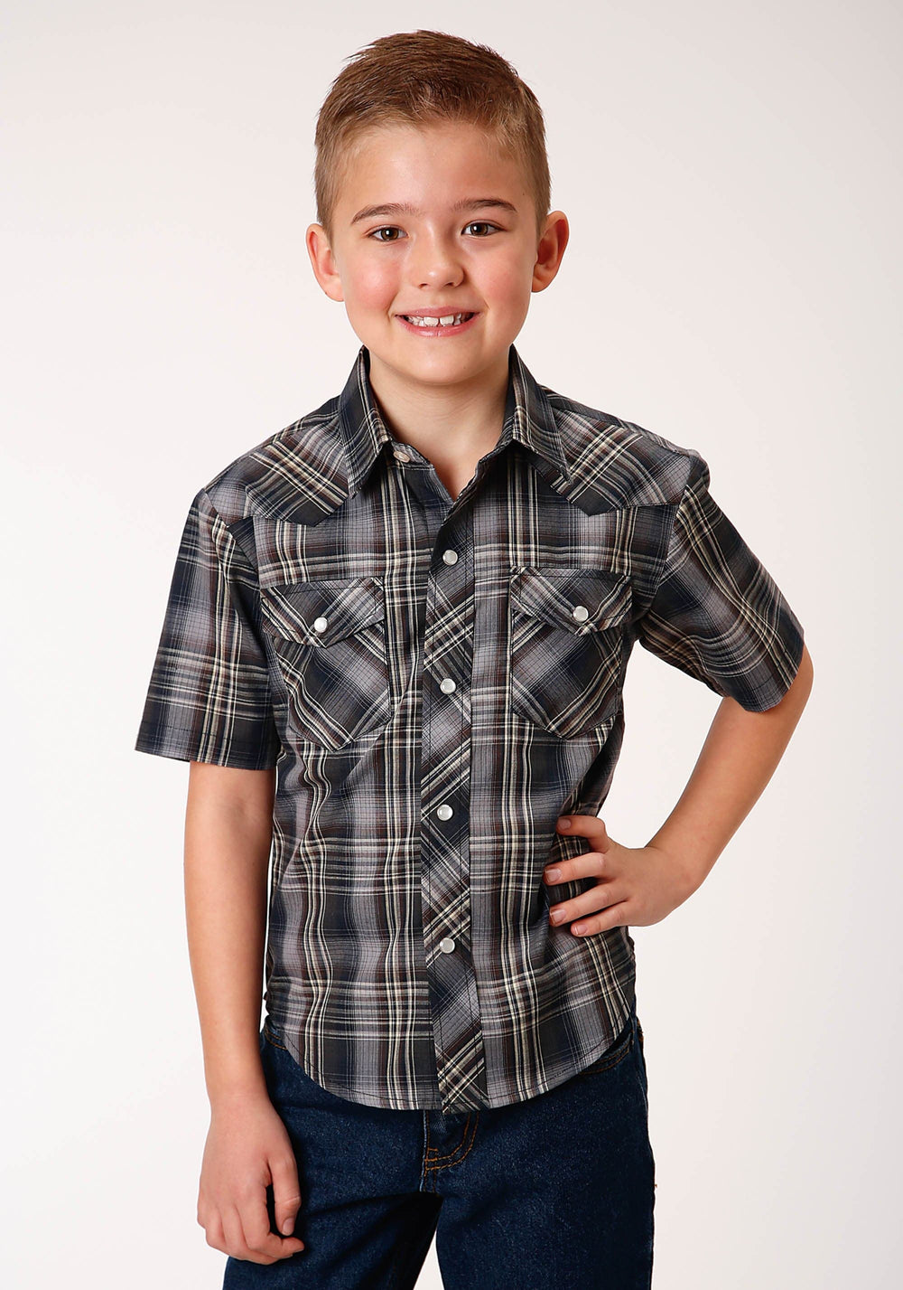 Roper Boys Short Sleeve Snap Navy Brown And Cream Plaid Western Shirt - Roper