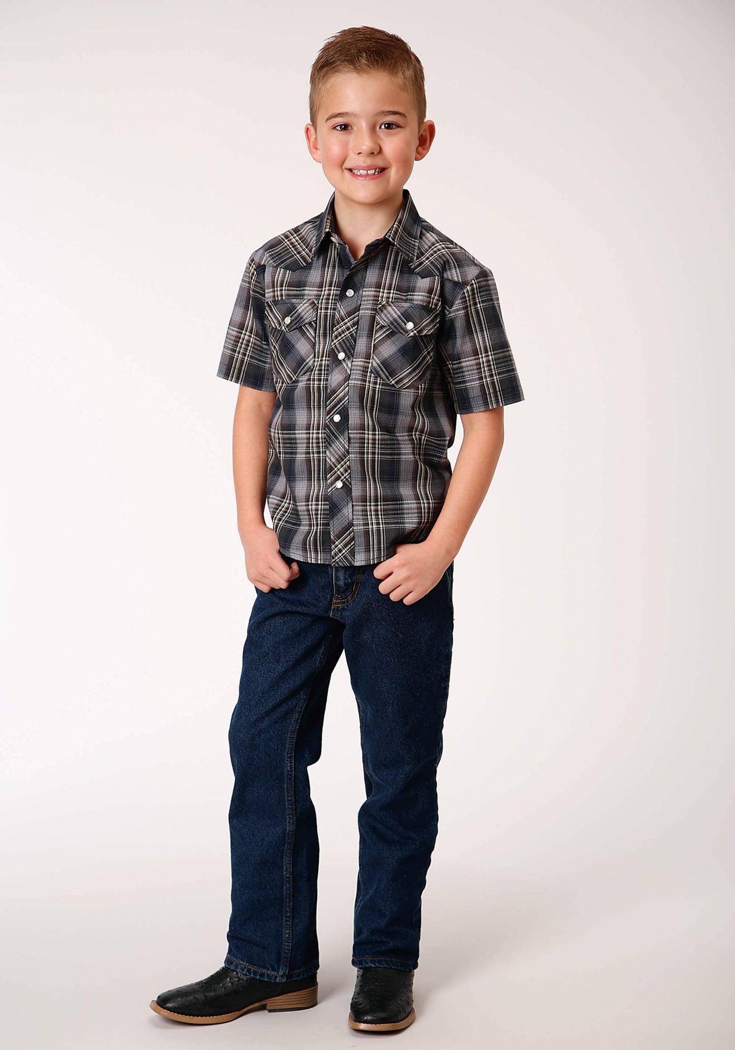 Roper Boys Short Sleeve Snap Navy Brown And Cream Plaid Western Shirt - Roper - Flyclothing LLC