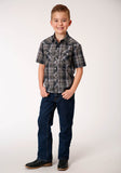 Roper Boys Short Sleeve Snap Navy Brown And Cream Plaid Western Shirt - Roper