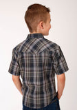 Roper Boys Short Sleeve Snap Navy Brown And Cream Plaid Western Shirt - Roper