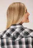 Roper Womens Long Sleeve Snap White Black Grey Plaid Western Shirt - Roper
