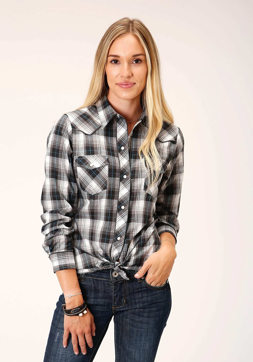 Roper Womens Long Sleeve Snap White Black Grey Plaid Western Shirt - Roper - Flyclothing LLC