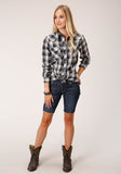 Roper Womens Long Sleeve Snap White Black Grey Plaid Western Shirt - Roper