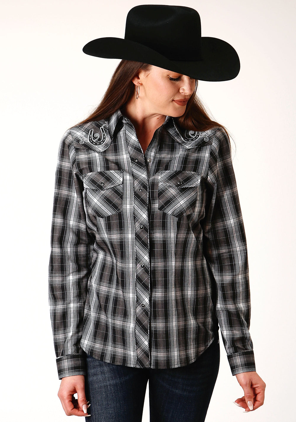 Roper Womens Long Sleeve Snap Black And White Plaid Western Shirt - Roper