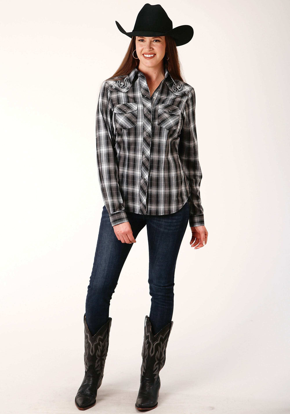 Roper Womens Long Sleeve Snap Black And White Plaid Western Shirt - Roper - Flyclothing LLC