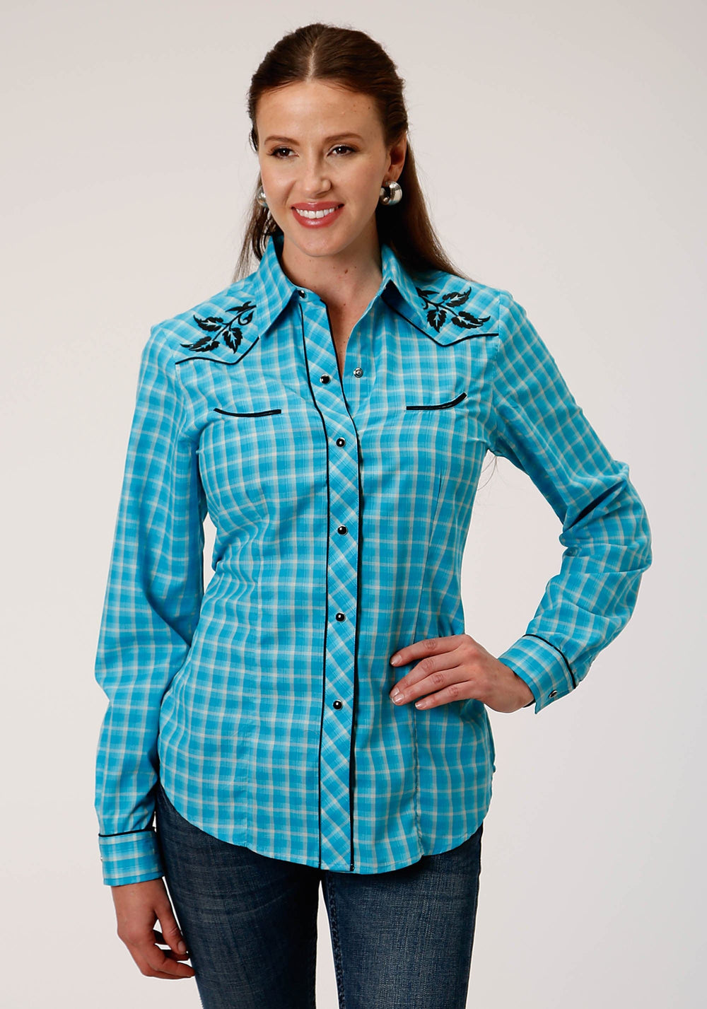 Roper Womens Long Sleeve Snap Turquoise And Grey Small Scale Plaid Western Shirt - Roper