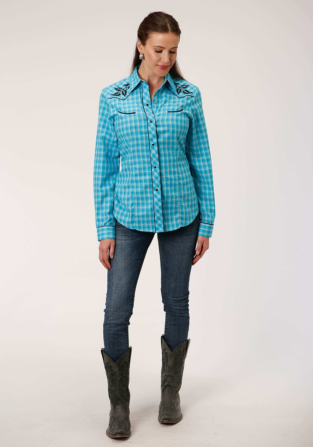 Roper Womens Long Sleeve Snap Turquoise And Grey Small Scale Plaid Western Shirt - Roper - Flyclothing LLC