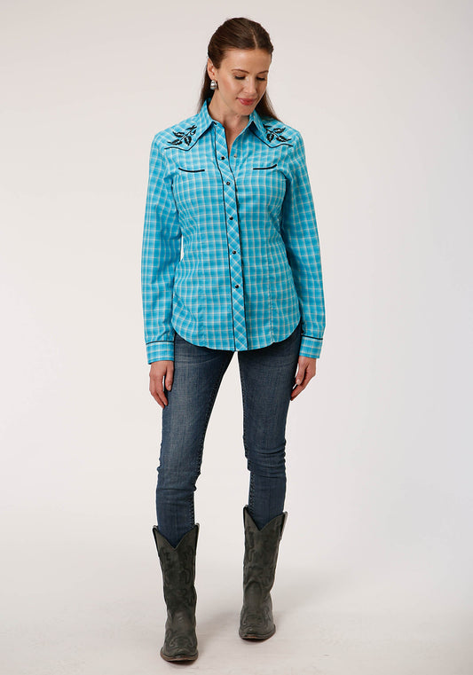 Roper Womens Long Sleeve Snap Turquoise And Grey Small Scale Plaid Western Shirt