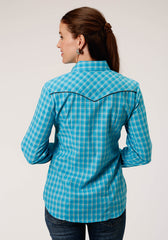 Roper Womens Long Sleeve Snap Turquoise And Grey Small Scale Plaid Western Shirt