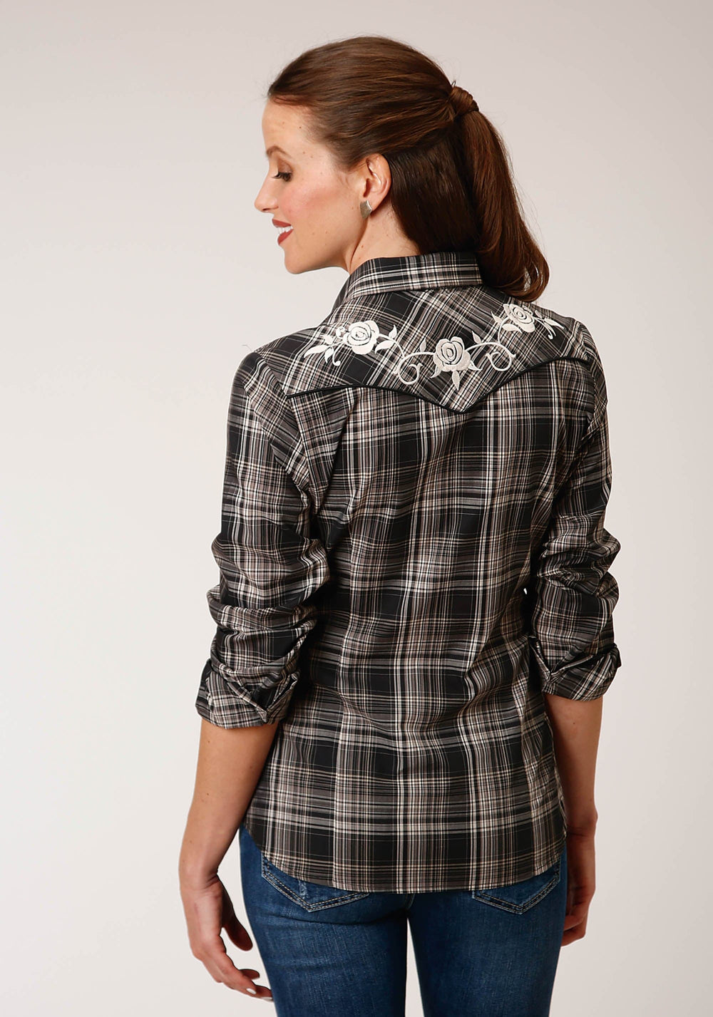 Roper Womens Long Sleeve Snap Black And Cream Plaid Western Shirt - Roper