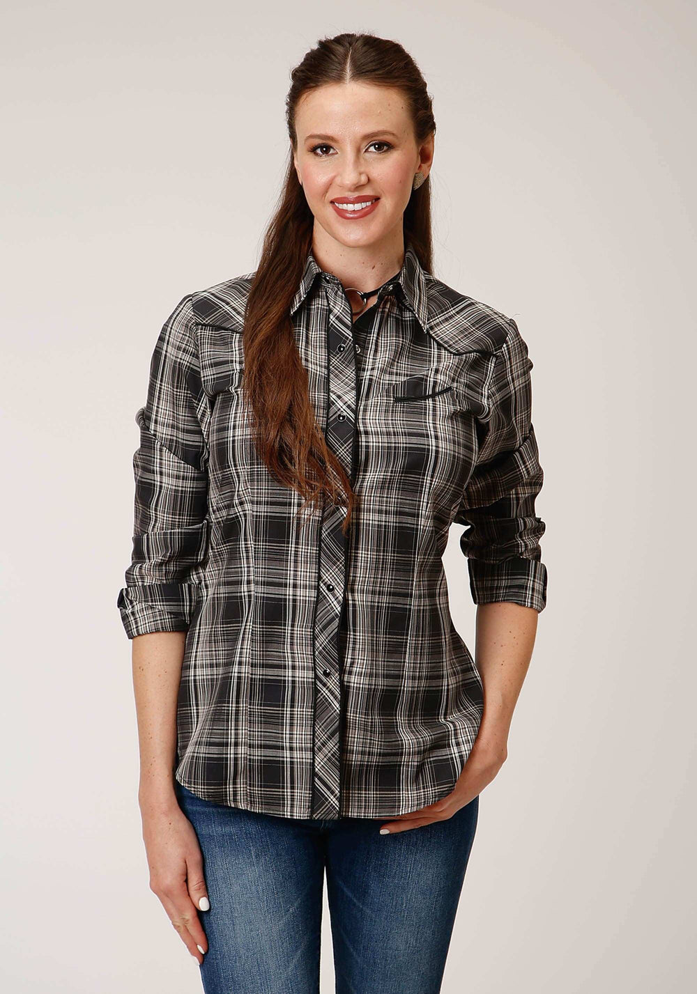 Roper Womens Long Sleeve Snap Black And Cream Plaid Western Shirt - Roper - Flyclothing LLC
