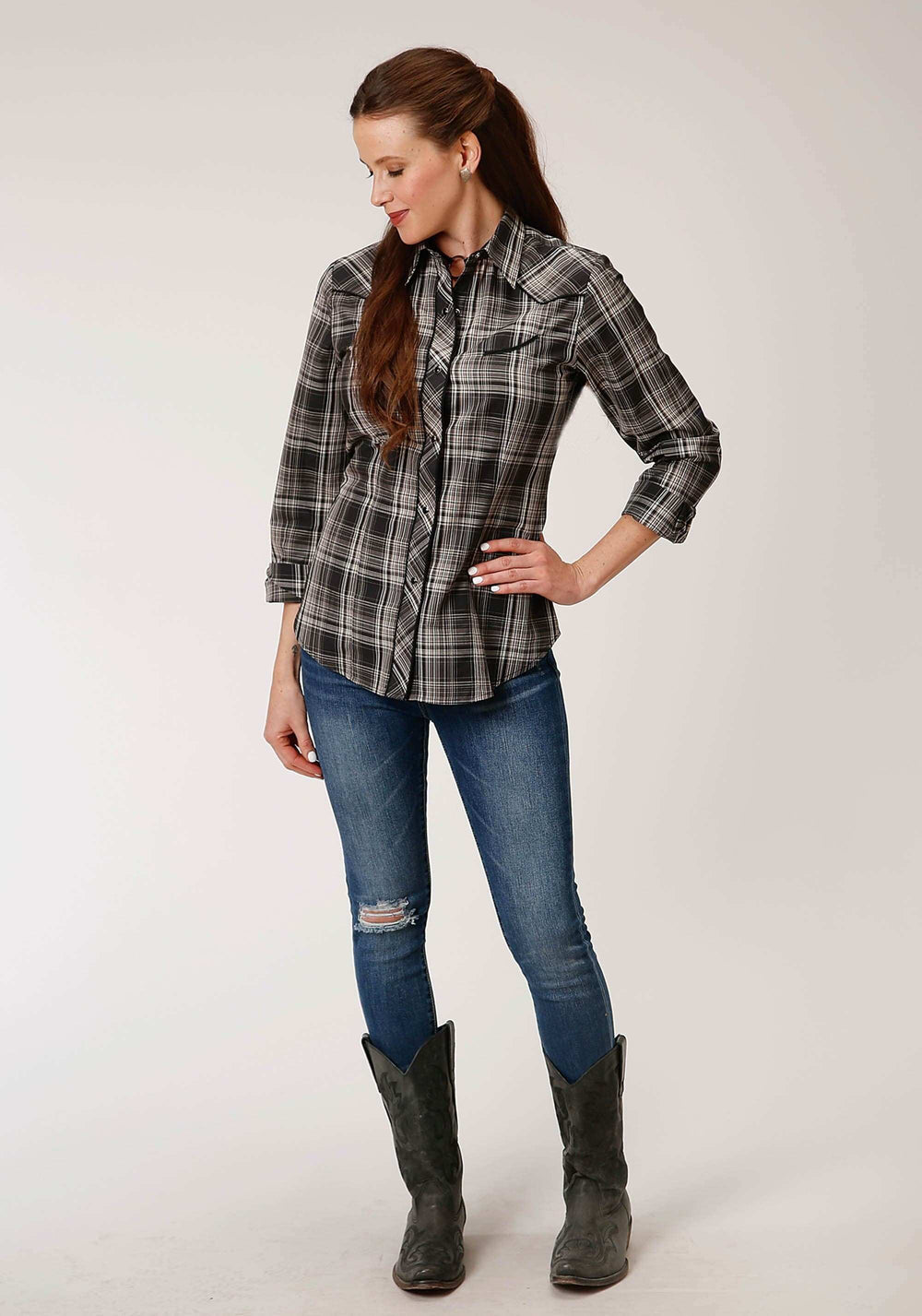 Roper Womens Long Sleeve Snap Black And Cream Plaid Western Shirt - Roper - Flyclothing LLC