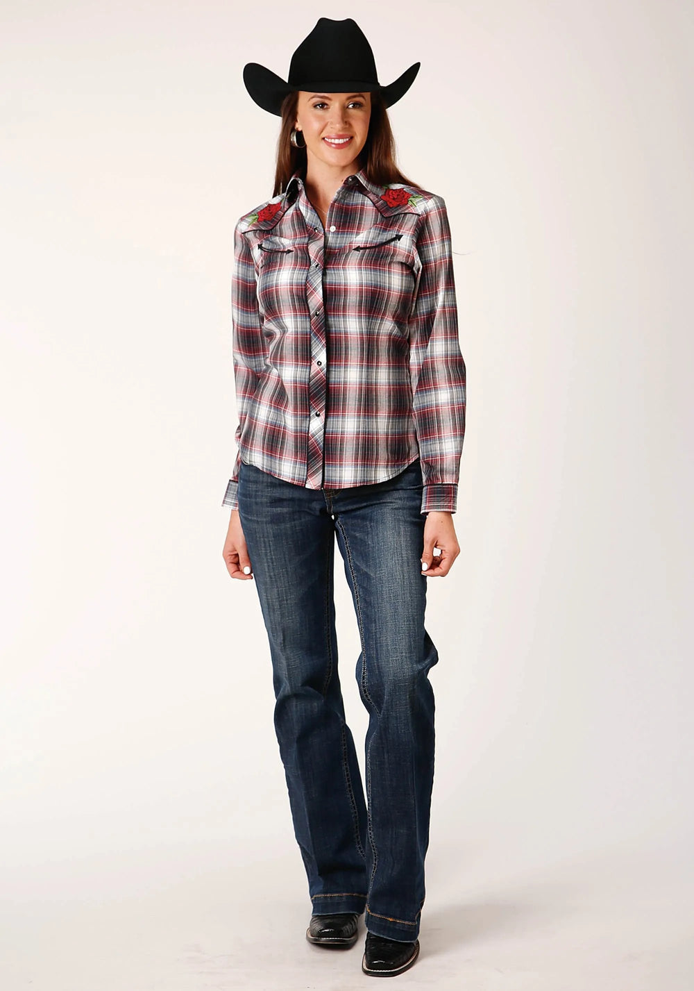 Roper WOMENS LONG SLEEVE SNAP RED BLACK WHITE PLAID WESTERN SHIRT - Roper