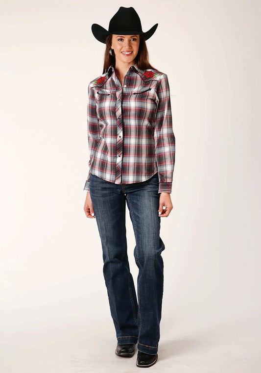 Roper WOMENS LONG SLEEVE SNAP RED BLACK WHITE PLAID WESTERN SHIRT - Roper - Flyclothing LLC