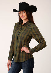 Roper Womens Long Sleeve Snap Black Gold Plaid Western Shirt