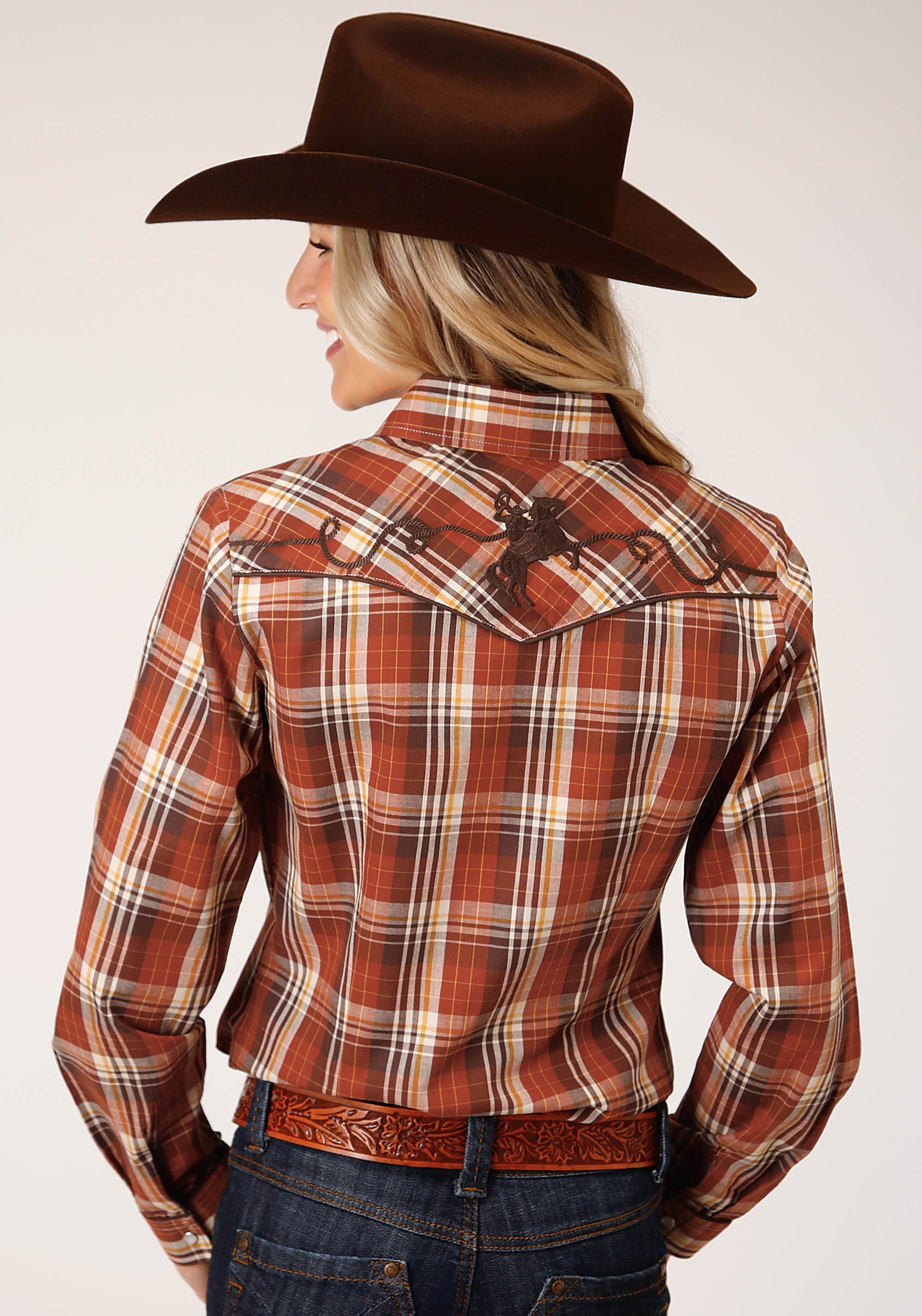 Roper Womens Long Sleeve Snap Rust Brown And Cream Plaid Western Shirt