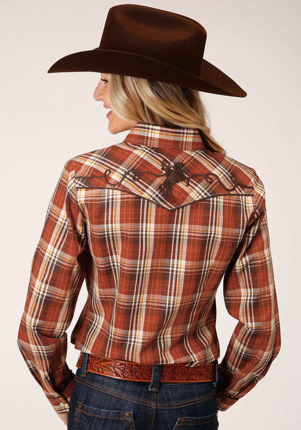 Roper Womens Long Sleeve Snap Rust Brown And Cream Plaid Western Shirt - Roper