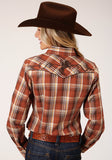 Roper Womens Long Sleeve Snap Rust Brown And Cream Plaid Western Shirt - Roper