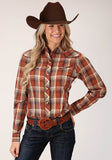 Roper Womens Long Sleeve Snap Rust Brown And Cream Plaid Western Shirt - Roper