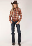 Roper Womens Long Sleeve Snap Rust Brown And Cream Plaid Western Shirt - Roper
