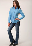 Roper Womens Long Sleeve Snap Solid Broadcloth Heritage Blue Western Shirt - Roper