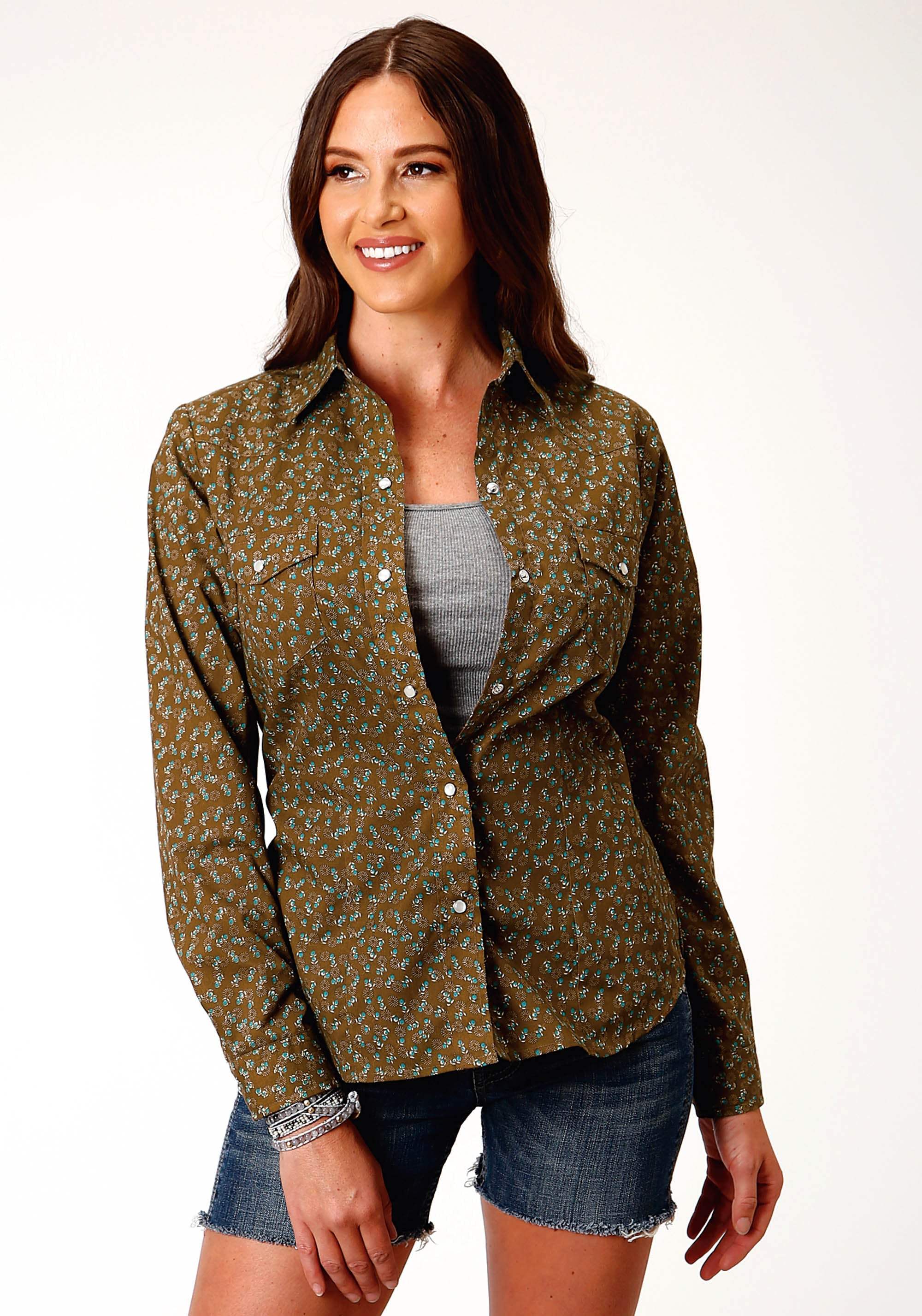 Roper Womens Long Sleeve Snap Brown Turquoise And Cream Mini Floral Print Western Shirt - Roper - Flyclothing LLC