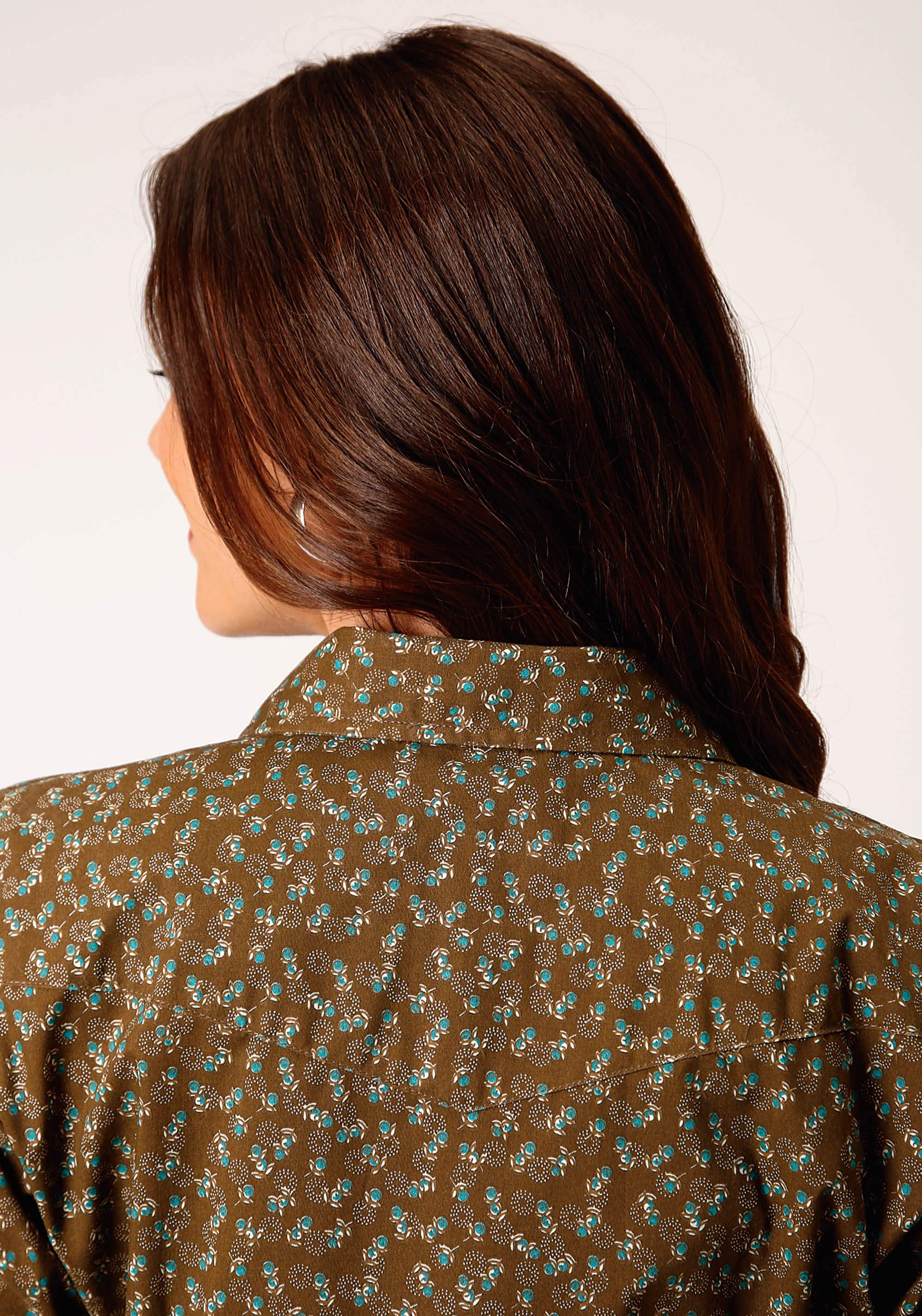 Roper Womens Long Sleeve Snap Brown Turquoise And Cream Mini Floral Print Western Shirt - Roper - Flyclothing LLC