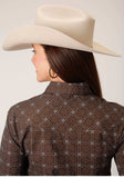 Roper Womens Long Sleeve Snap Brown White Retro Print Western Shirt - Roper - Flyclothing LLC