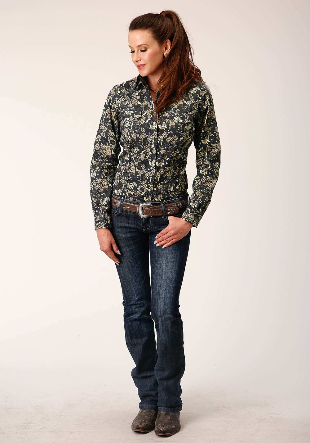 Roper Womens Long Sleeve Snap Vintage Dark Floral Print Western Shirt - Roper - Flyclothing LLC