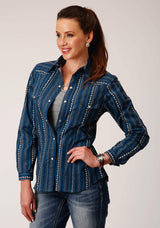 Roper Womens Long Sleeve Snap Navy Khaki Floral Wallpaper Print Western Shirt - Roper - Flyclothing LLC