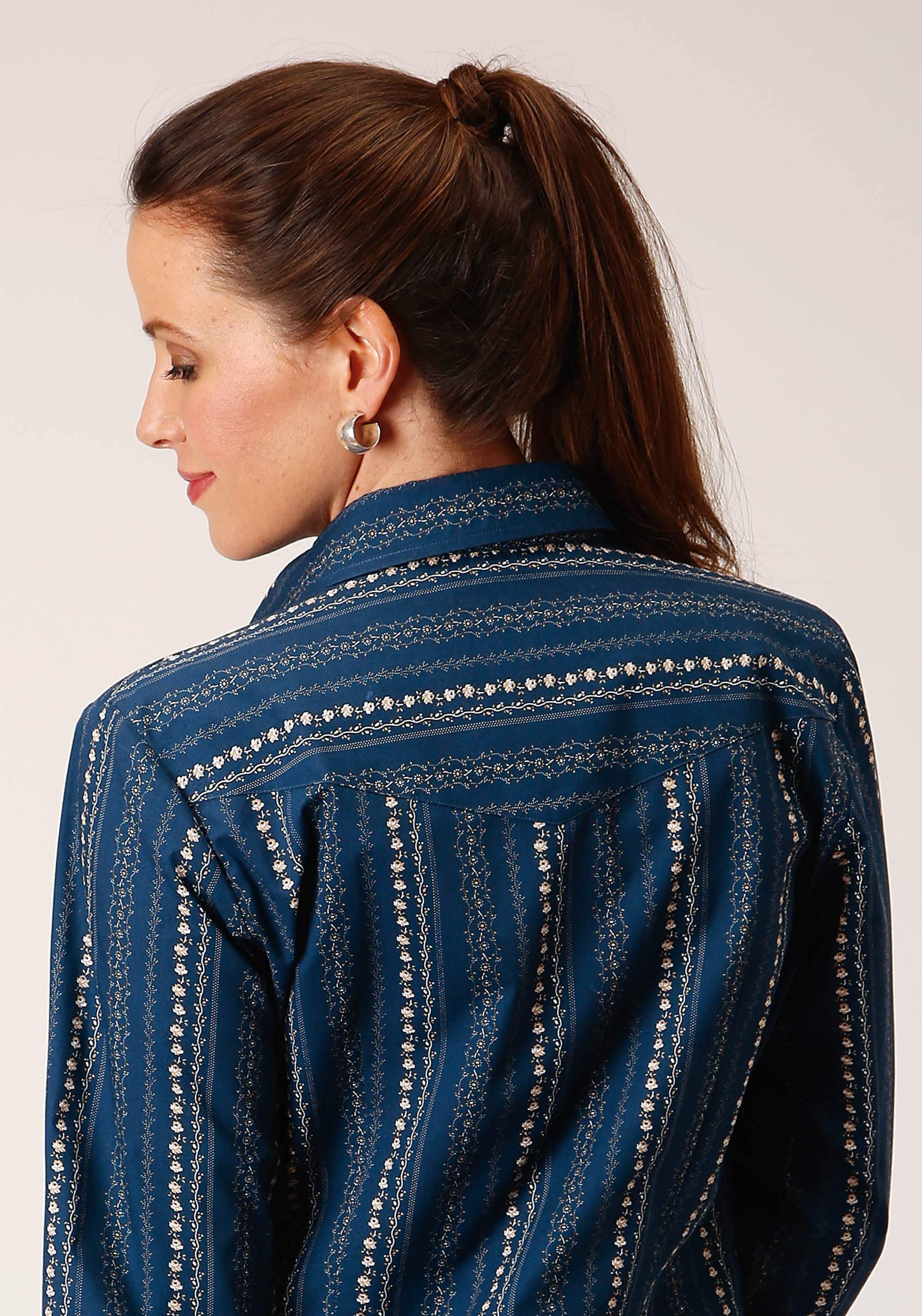 Roper Womens Long Sleeve Snap Navy Khaki Floral Wallpaper Print Western Shirt - Roper - Flyclothing LLC