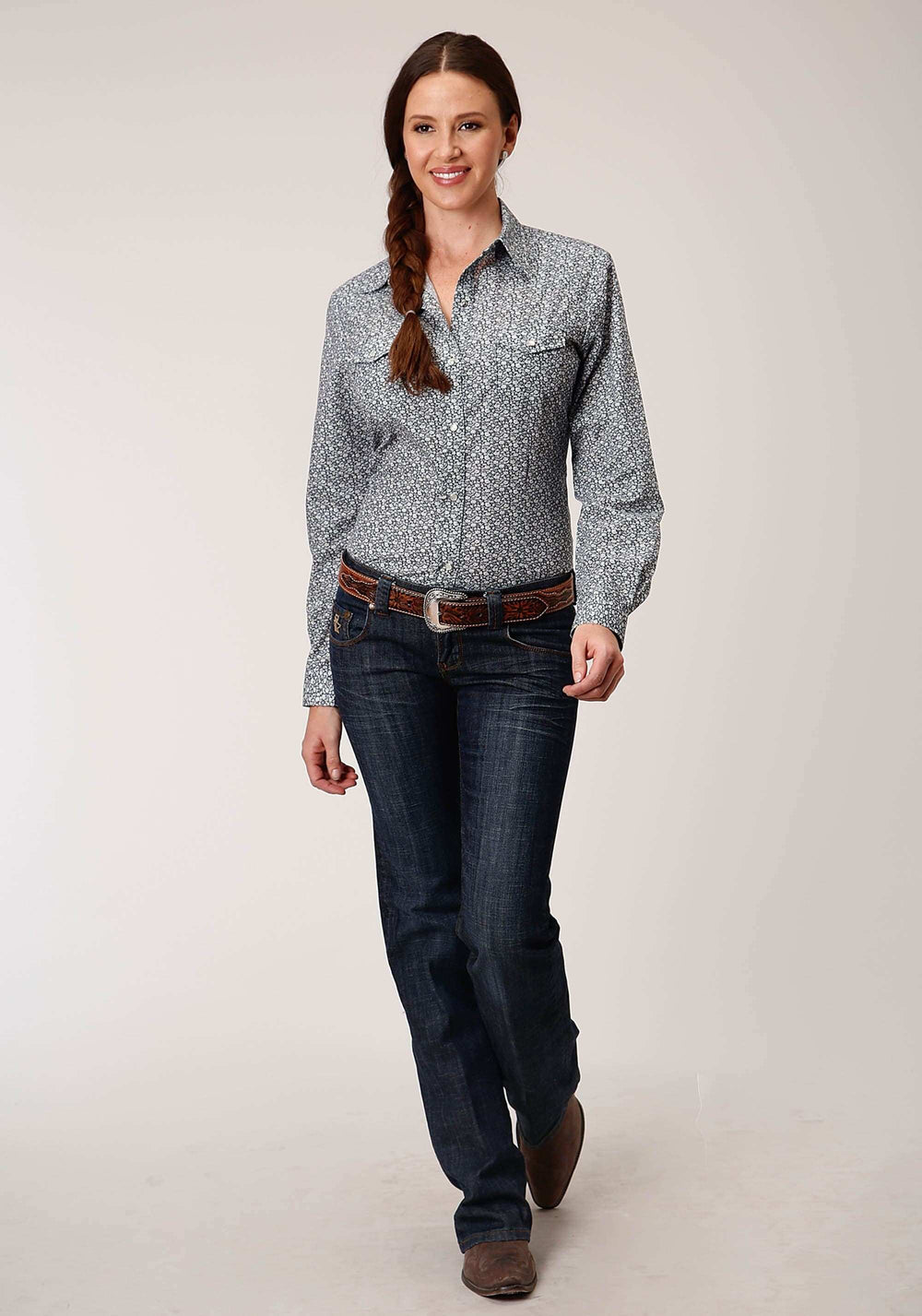 Roper Womens Long Sleeve Snap Navy And Cream Floral Print Western Shirt - Roper - Flyclothing LLC