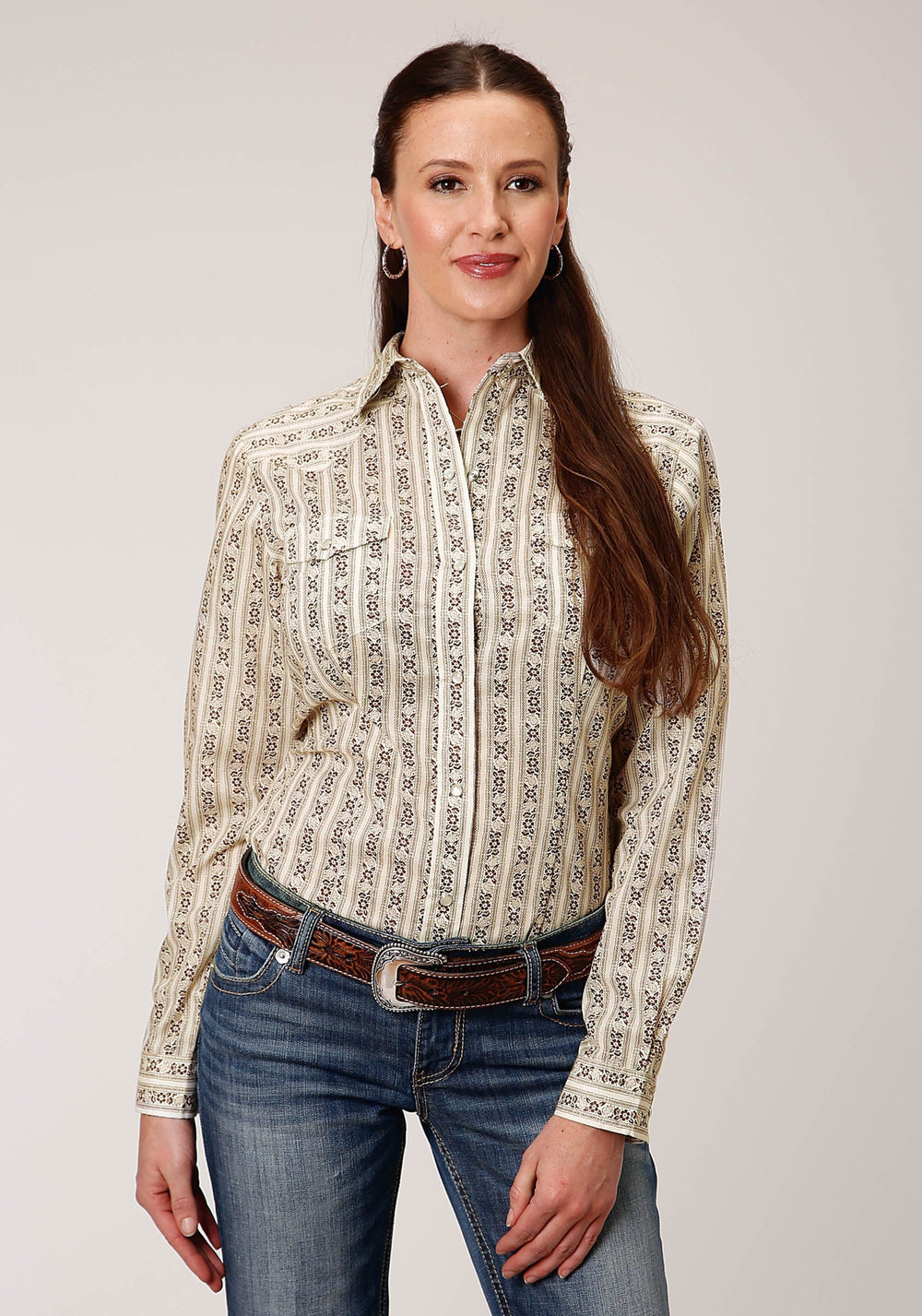 Roper Womens Long Sleeve Snap Cream And Brown Wallpaper Stripe Western Shirt - Roper