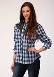Roper Womens Long Sleeve Snap Navy Blue Grey And White Plaid Western Shirt - Roper