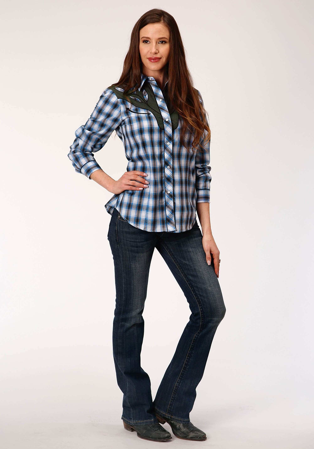 Roper Womens Long Sleeve Snap Navy Blue Grey And White Plaid Western Shirt - Roper - Flyclothing LLC