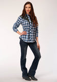 Roper Womens Long Sleeve Snap Navy Blue Grey And White Plaid Western Shirt - Roper