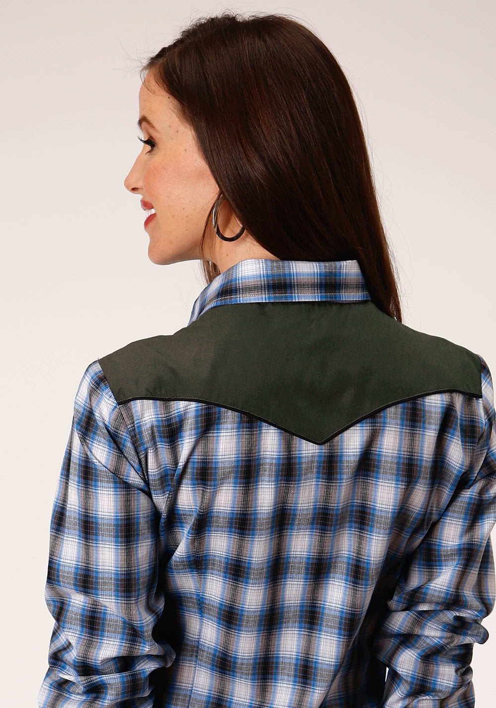 Roper Womens Long Sleeve Snap Navy Blue Grey And White Plaid Western Shirt - Roper - Flyclothing LLC