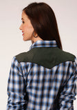 Roper Womens Long Sleeve Snap Navy Blue Grey And White Plaid Western Shirt - Roper